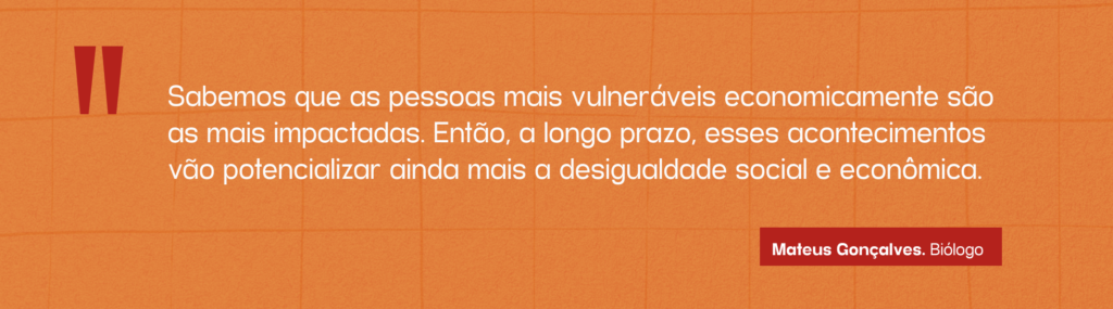 Imagem com aspas:

“Sabemos que as pessoas mais vulneráveis economicamente são as mais impactadas. Então, a longo prazo, esses acontecimentos vão potencializar ainda mais a desigualdade social e econômica”, ressalta Mateus Gonçalves. 